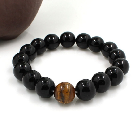 Mens Tiger's Eye Black Agate Bead Stretch Bracelet - Picture 5 of 8
